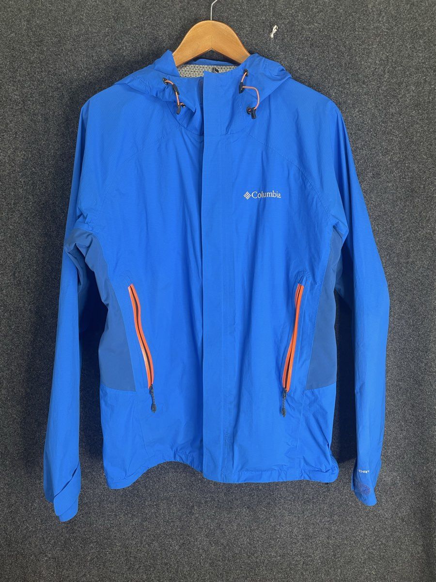 Columbia Men's Blue Pour Osity Stretch Rain Jacket Omni-Wick EVAP Hooded Sz M