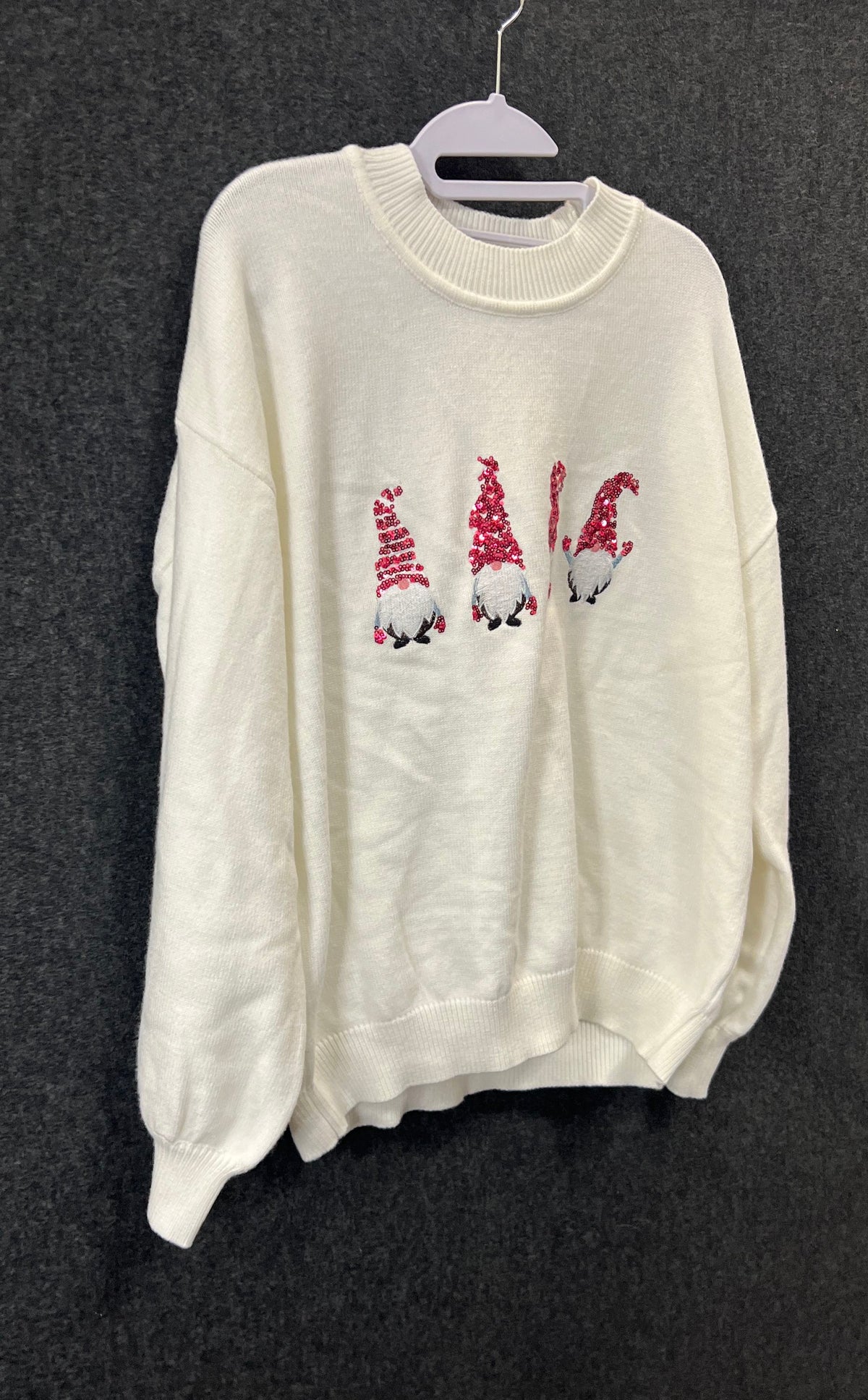 WHY DRESS Women's White Sequin Gnome Graphic Crewneck Sweater NWT Sz M