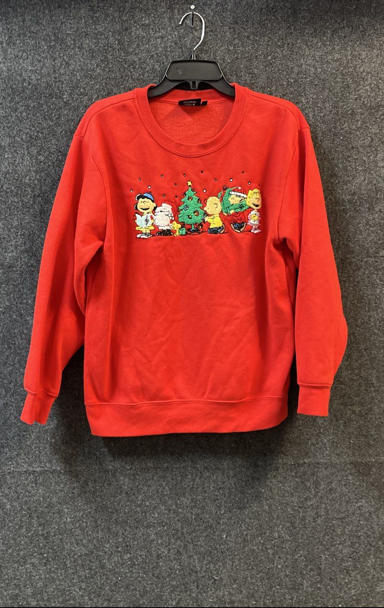 Peanuts Women's Red Christmas Sweatshirt Embroidered Graphic Characters Sz L