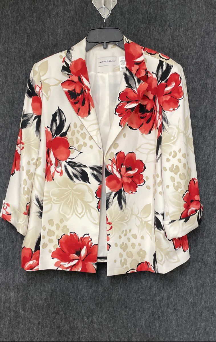 Alfred Dunner Women's Blazer Jacket White Red Floral Leopard Open Front Sz 14