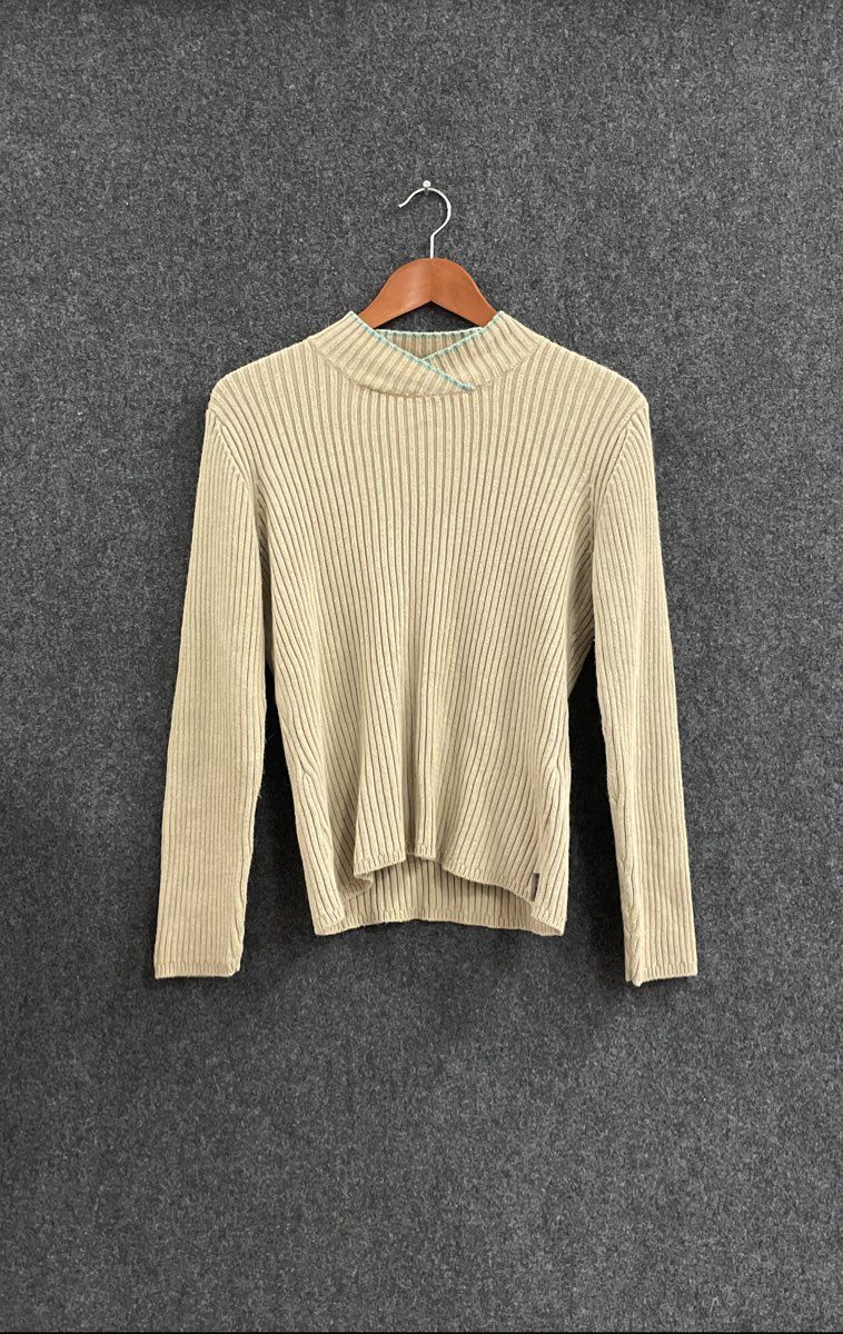 Woolrich Women's Tan Ribbed Knit Mock Neck Crossover Sweater Sz M