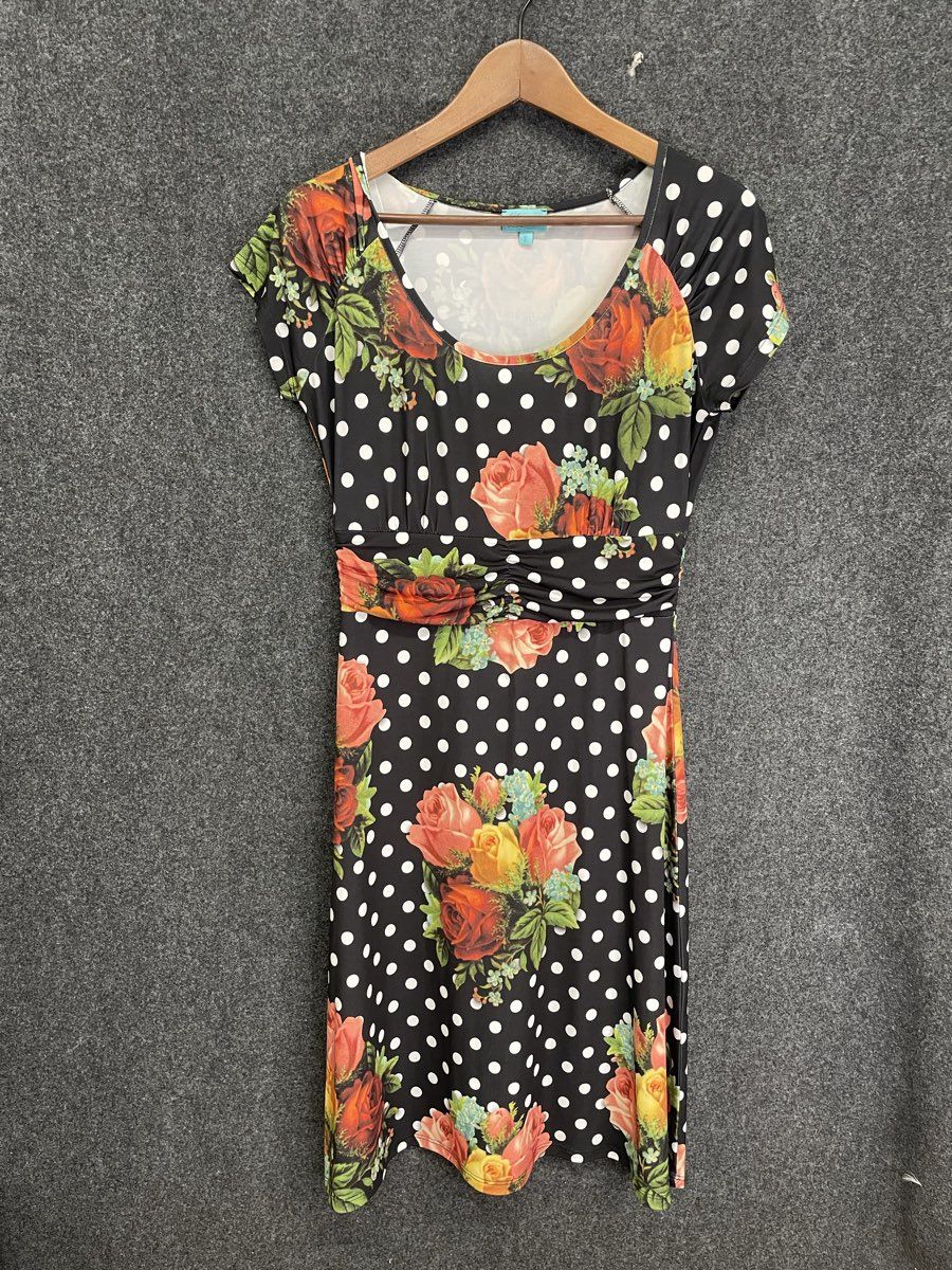 Lalamour Women's Black Polka Dot Floral Rose Short Sleeve Empire Waist Dress S