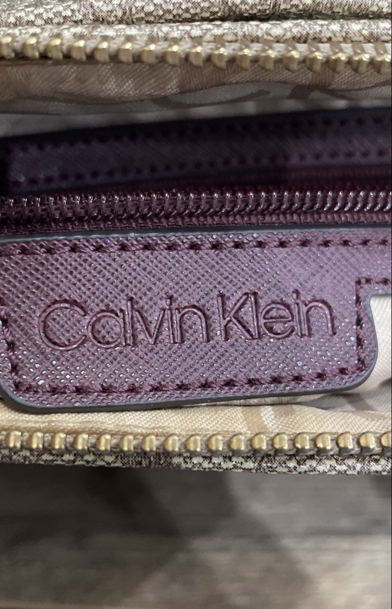 Calvin Klein Cream Maroon Leather Monogram Satchel Purse Crossbody Bag Gold Tone