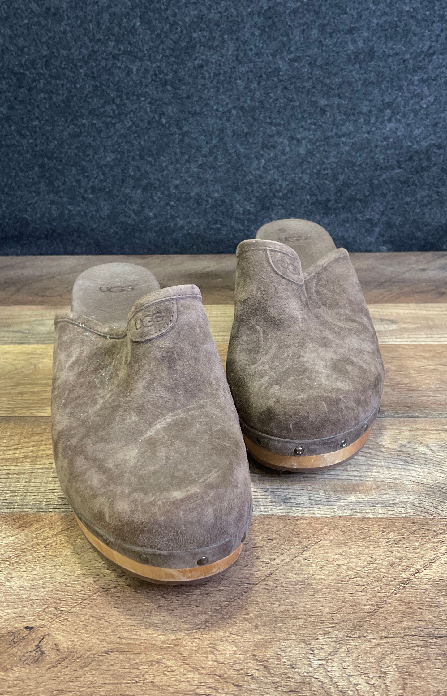 UGG Abbie Brown Suede Wooden Platform Studded Clog Mules Women's Size 9