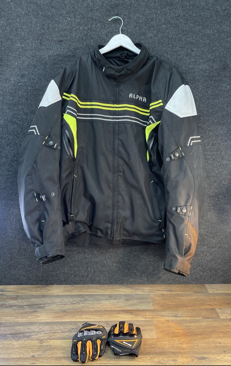 Alpha Men's Motorcycle Riding Jacket Black Yellow Sz 4XL & 1Storm Gloves Set