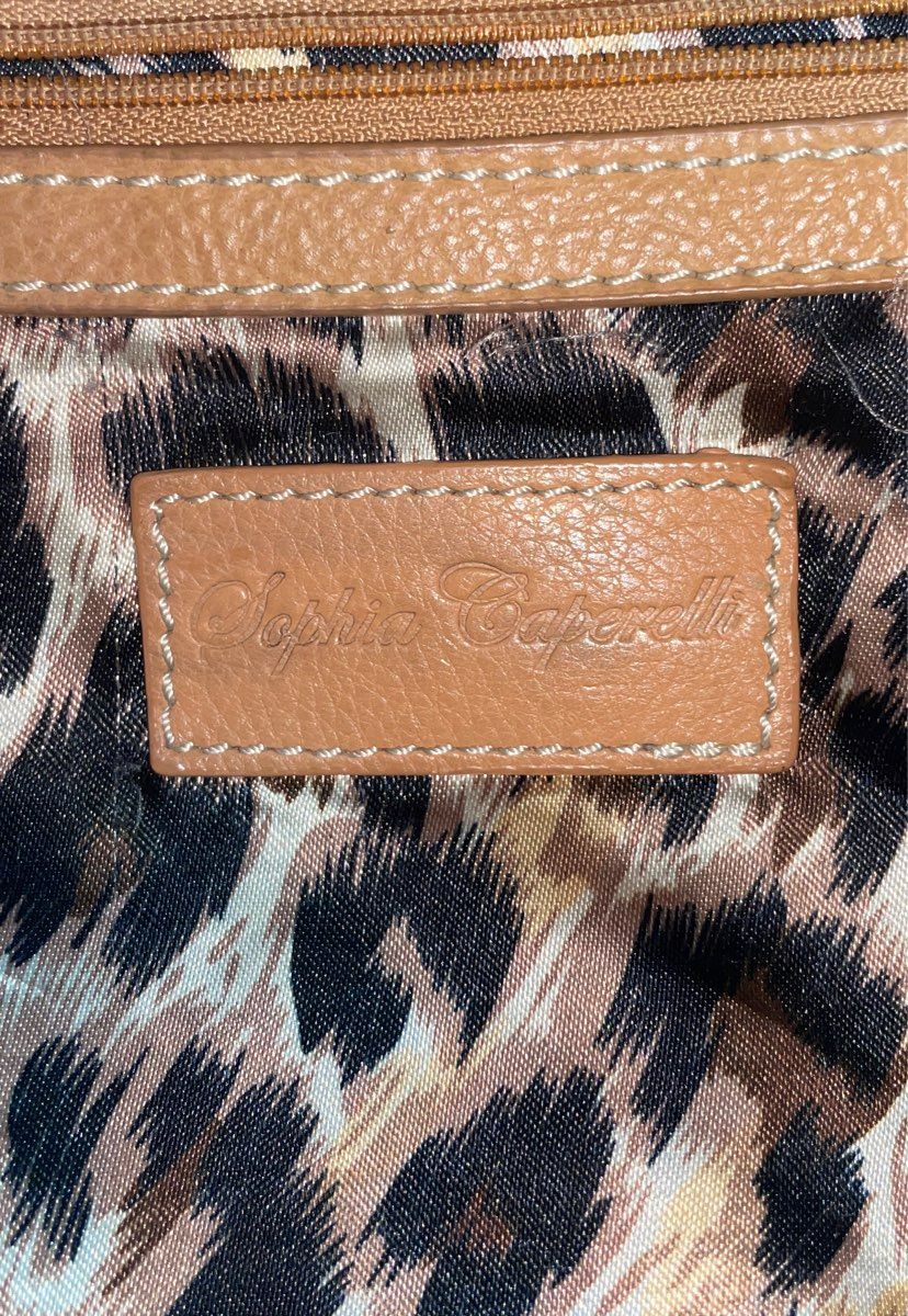 Sophia Caperelli Tan Pebbled Leather Hobo Shoulder Bag Leopard Print Lining