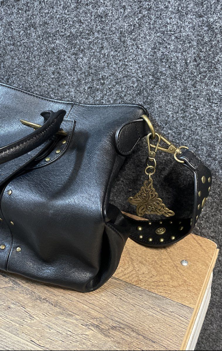 Jessica Simpson Black Faux Leather Studded Satchel Shoulder Bag Brass Hardware
