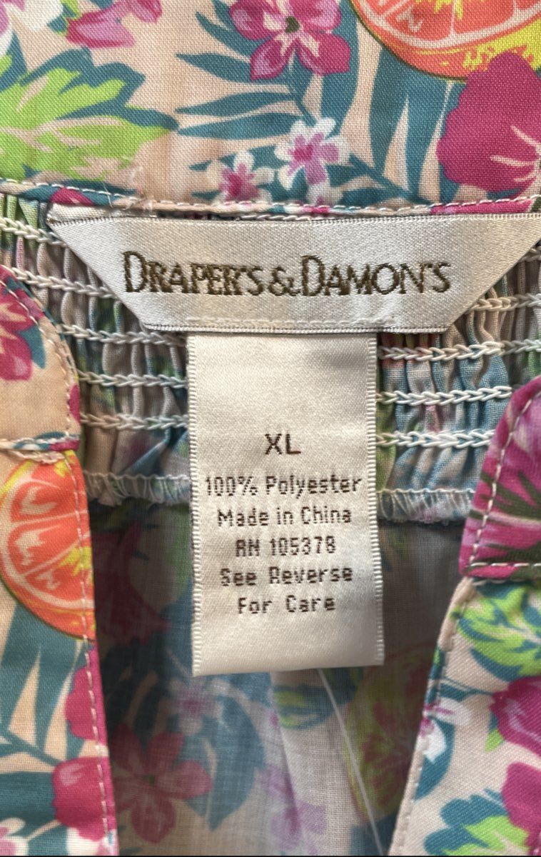 Draper's & Damon's Women's Multicolor Tropical Fruit Print Smocked Blouse Sz XL