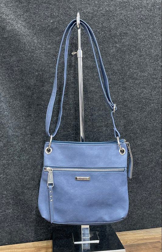 Rosetti Blue Leather Triple Zip Crossbody Bag Silver Hardware Adjustable Strap