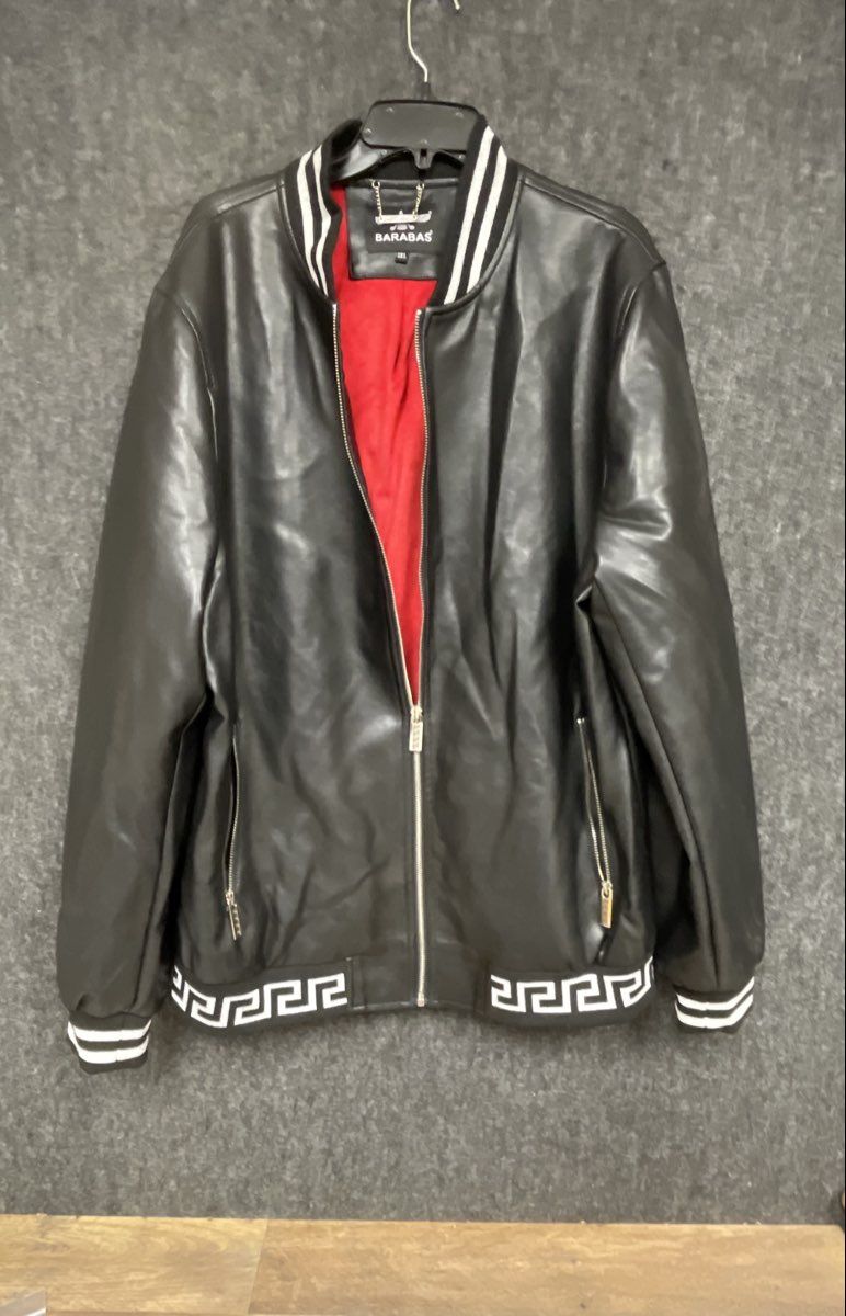 Barabas Men's Black Faux Leather Bomber Jacket Greek Key Meander Trim Sz 2XL