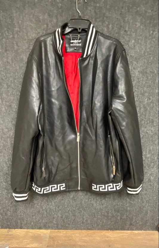 Barabas Men's Black Faux Leather Bomber Jacket Greek Key Meander Trim Sz 2XL