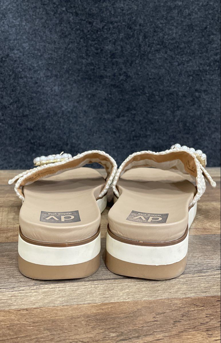 Dolce Vita Camelia P Cream White Woven Pearl Buckle Slide Sandals Size 7.5
