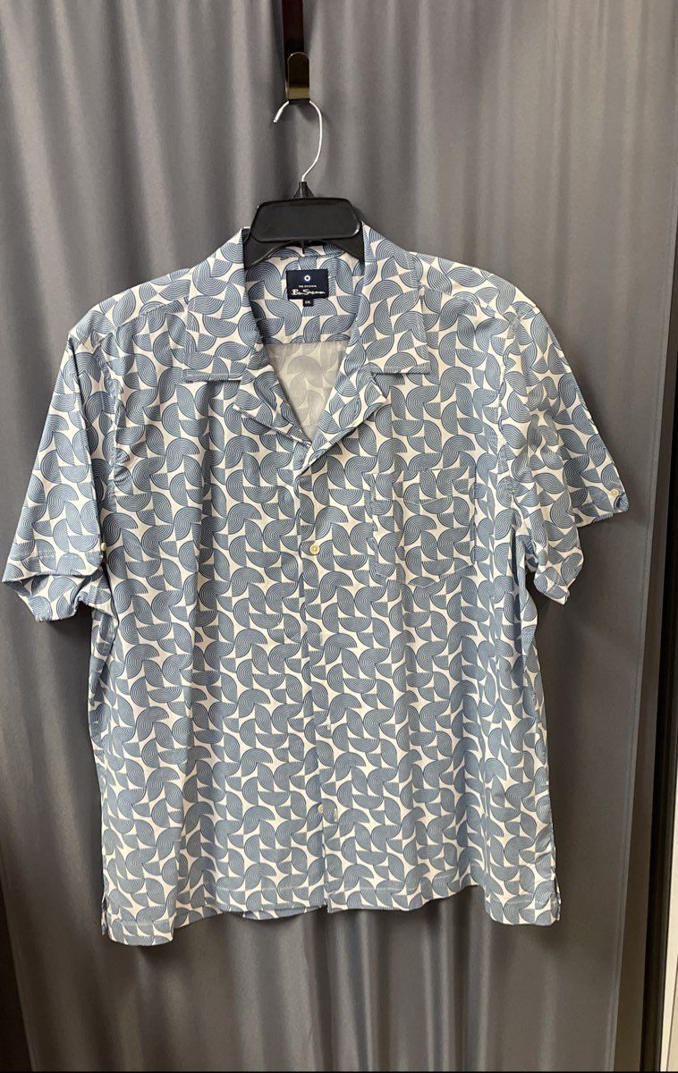 Ben Sherman Men's Blue White Geometric Short Sleeve Camp Collar Shirt Sz XXL