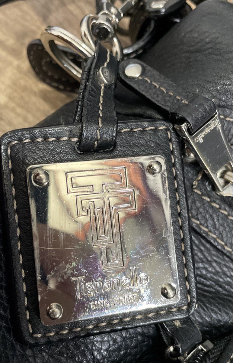 Tignanello Black Leather Multi Pocket Crossbody Shoulder Bag Silver Hardware