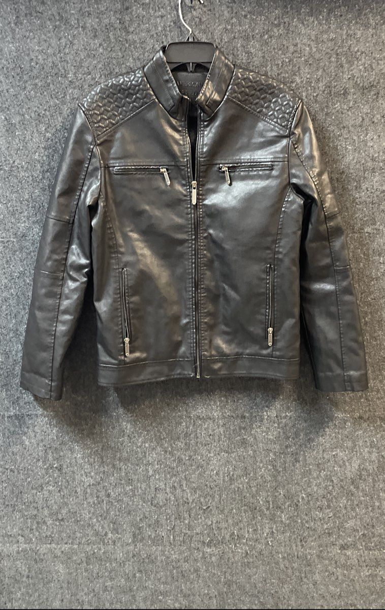 American Breed Men's Black Pleather Moto Jacket Faux Fur Lined Quilted Sz S