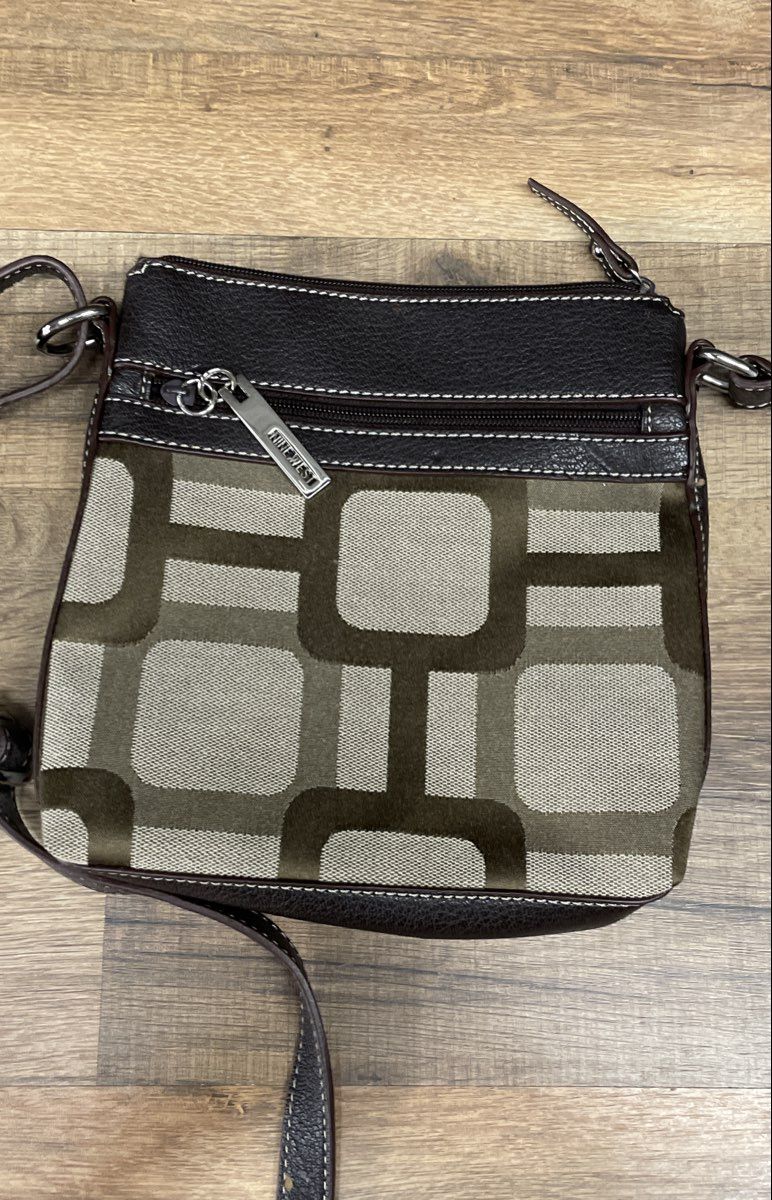 Nine West Brown Green Geometric Canvas Crossbody Bag Silver Hardware