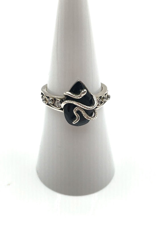 925 Sterling Silver Black Glass Gemstone w/ CZ Accent Snake Ring 2.8g