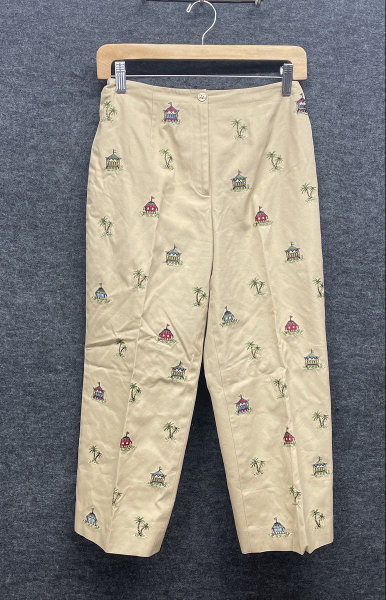 Vintage 90s Talbots Women's Khaki Embroidered Palm Tree Beach Pants Sz 4 Petites