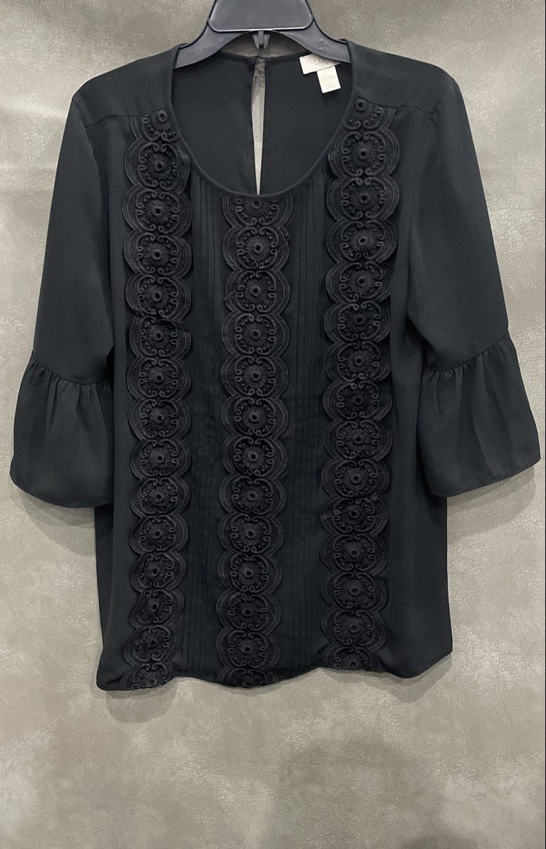 LOFT Outlet Women's Black Embroidered Lace Front Bell Sleeve Blouse Size L