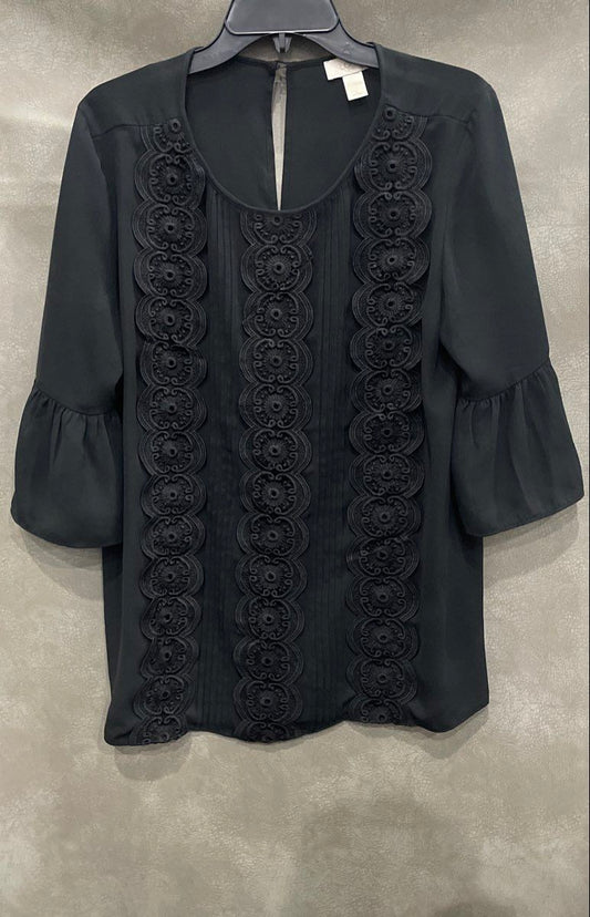 LOFT Outlet Women's Black Embroidered Lace Front Bell Sleeve Blouse Size L