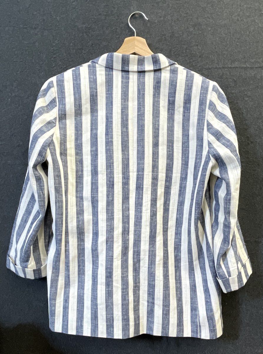 Bar III Women's Blue White Striped Cotton Linen Blend Open Front Blazer Sz L
