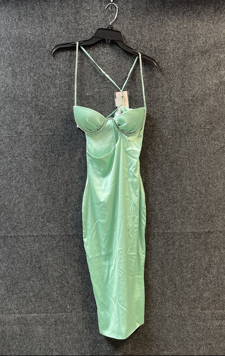 Oh Polly Women's Mint Satin Rhinestone Underwire Midi Dress Sz 6 US 2 NWT