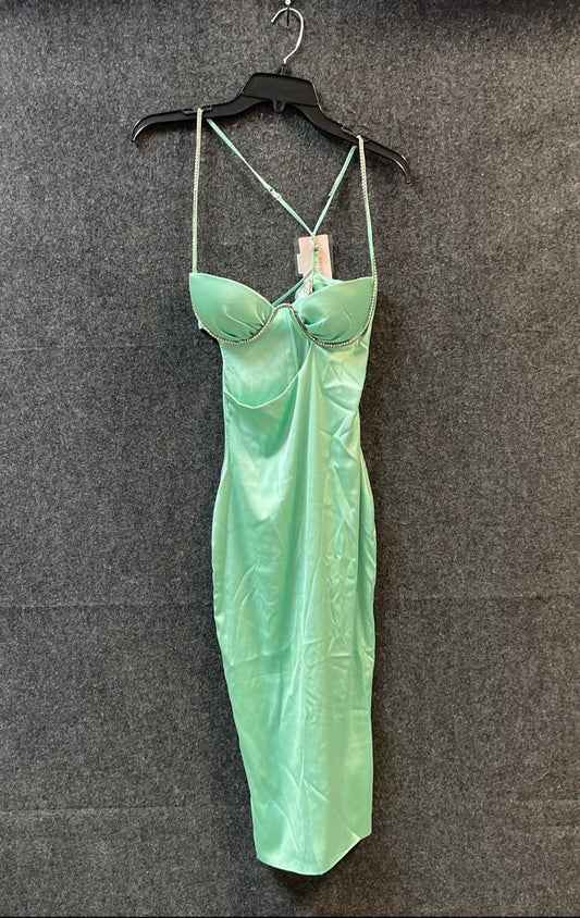 Oh Polly Women's Mint Satin Rhinestone Underwire Midi Dress Sz 6 US 2 NWT