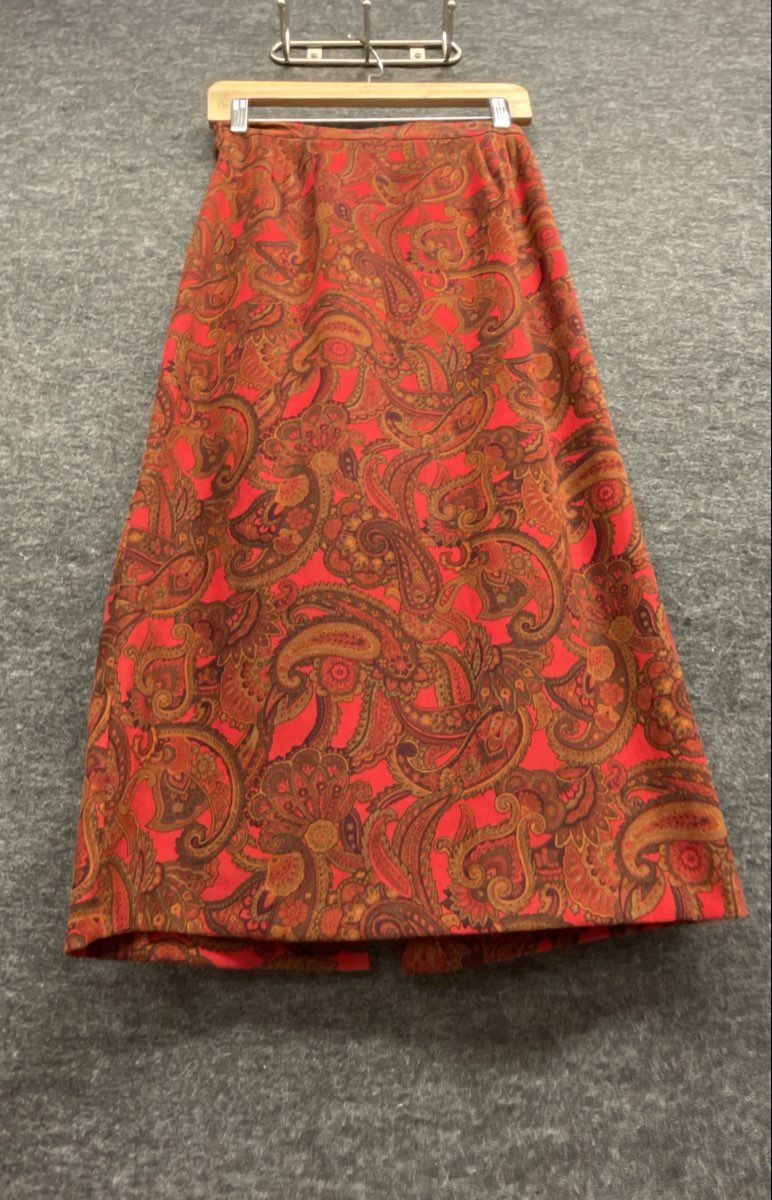 Vintage 90s Women's Red Paisley Print Midi Straight Skirt Elastic Back Waist