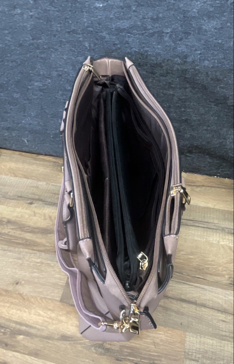BaiMay Taupe Saffiano Textured Laptop Tech Tote Bag Gold Hardware Large