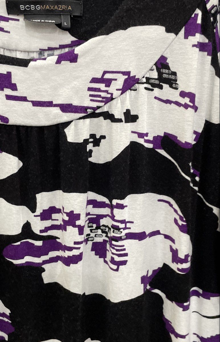 BCBG Max Azria Women's Purple Black White Abstract Floral Tunic Top Size L