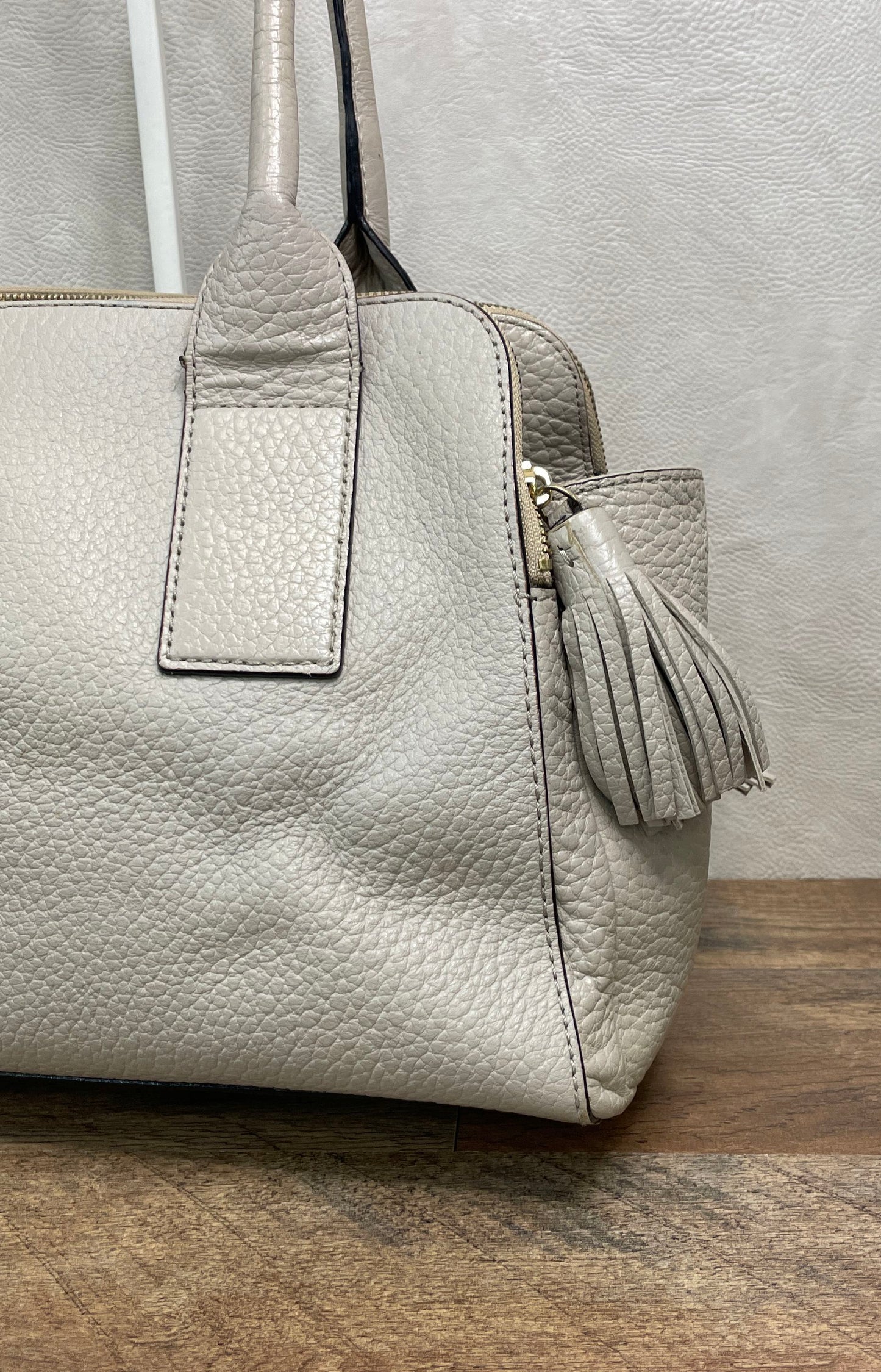 Kate Spade Grey Pebbled Leather Tassel Satchel Tote Bag Gold Hardware