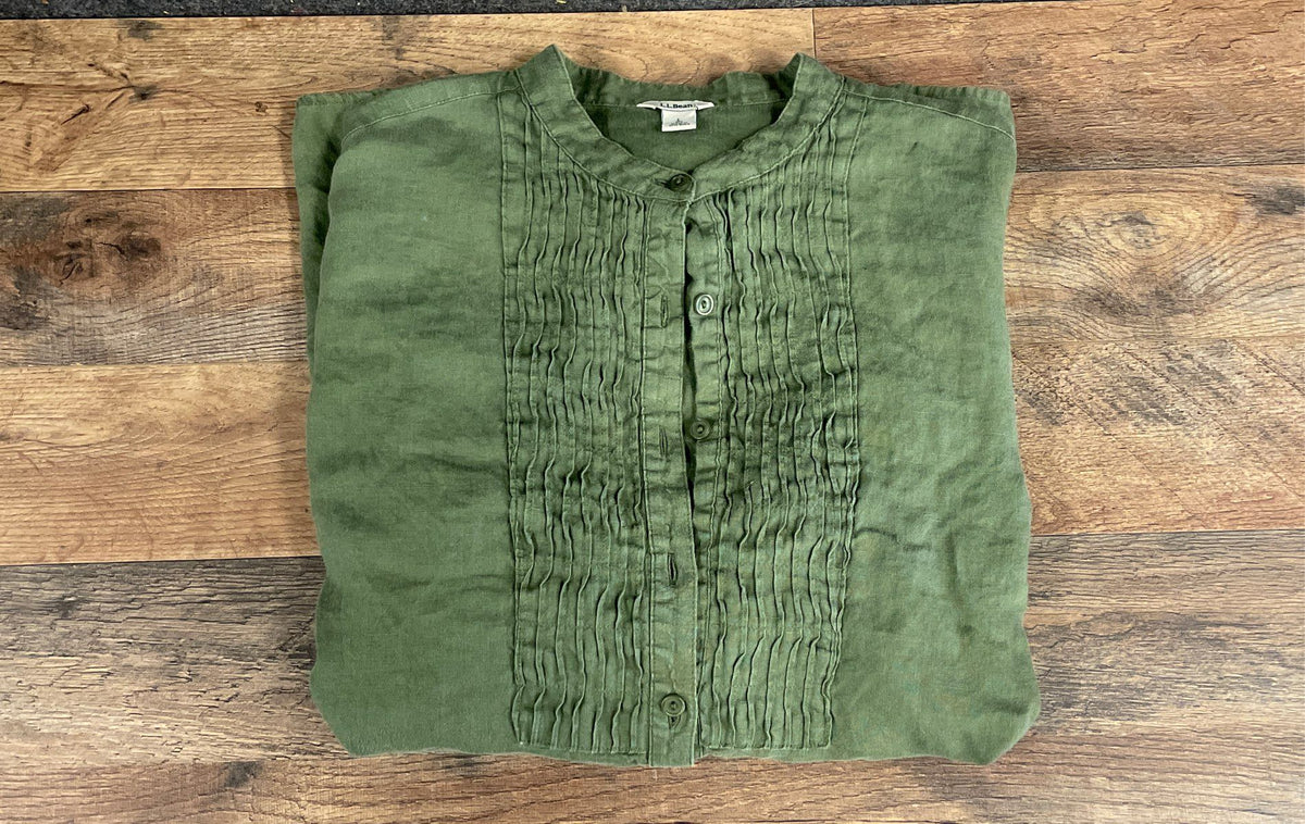 L.L. Bean Women's Olive Green 100% Linen Pintuck Pleated Front Blouse Sz L