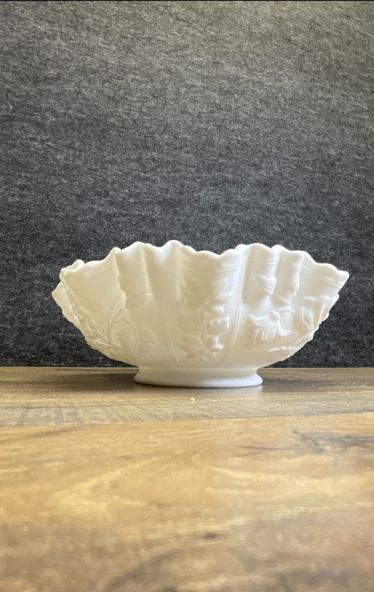 Satin Glass White Rose Pattern Ruffled Bowl 9 Inch Vintage