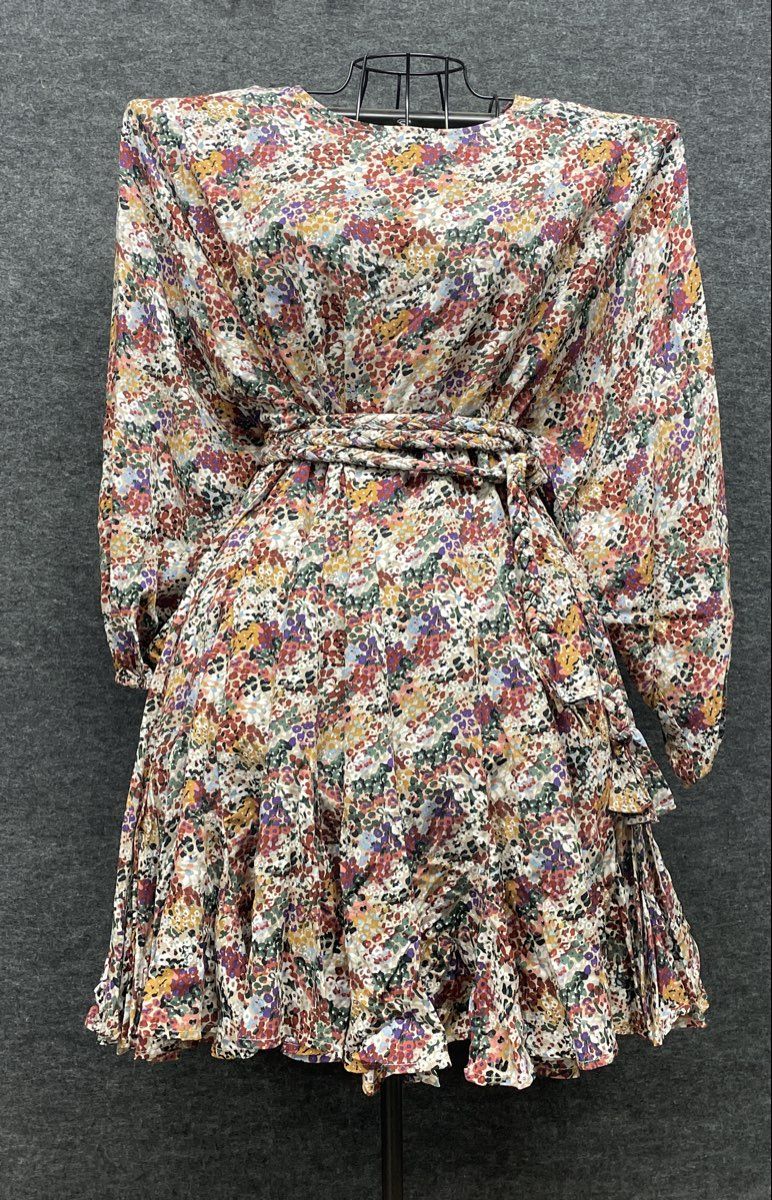 Women's Multicolor Floral Batwing Sleeve Braided Belt Ruffle Tiered Mini Dress
