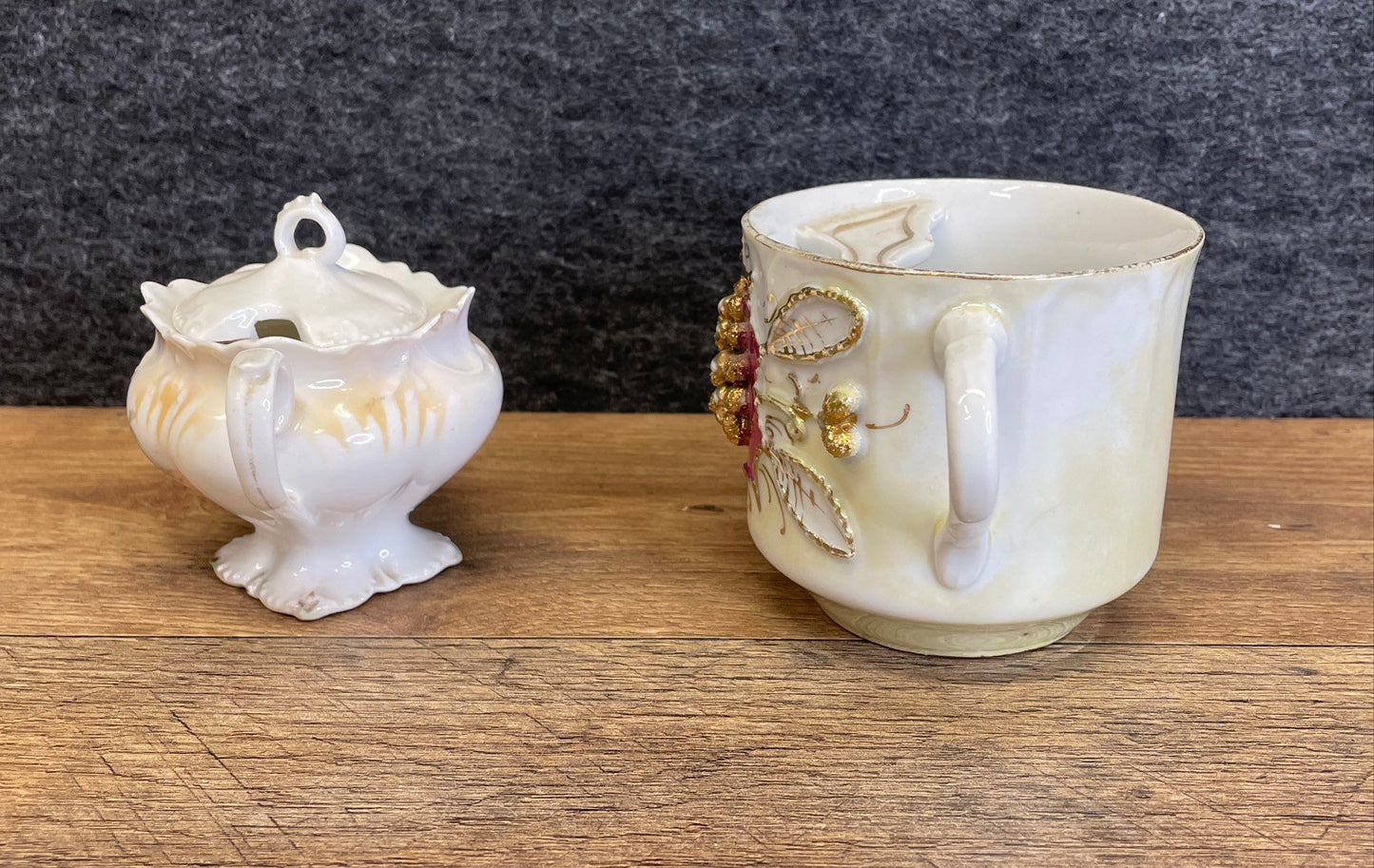 Antique Victorian Gilded Moustache Cup and Vintage Porcelain Russian Sugar Bowl