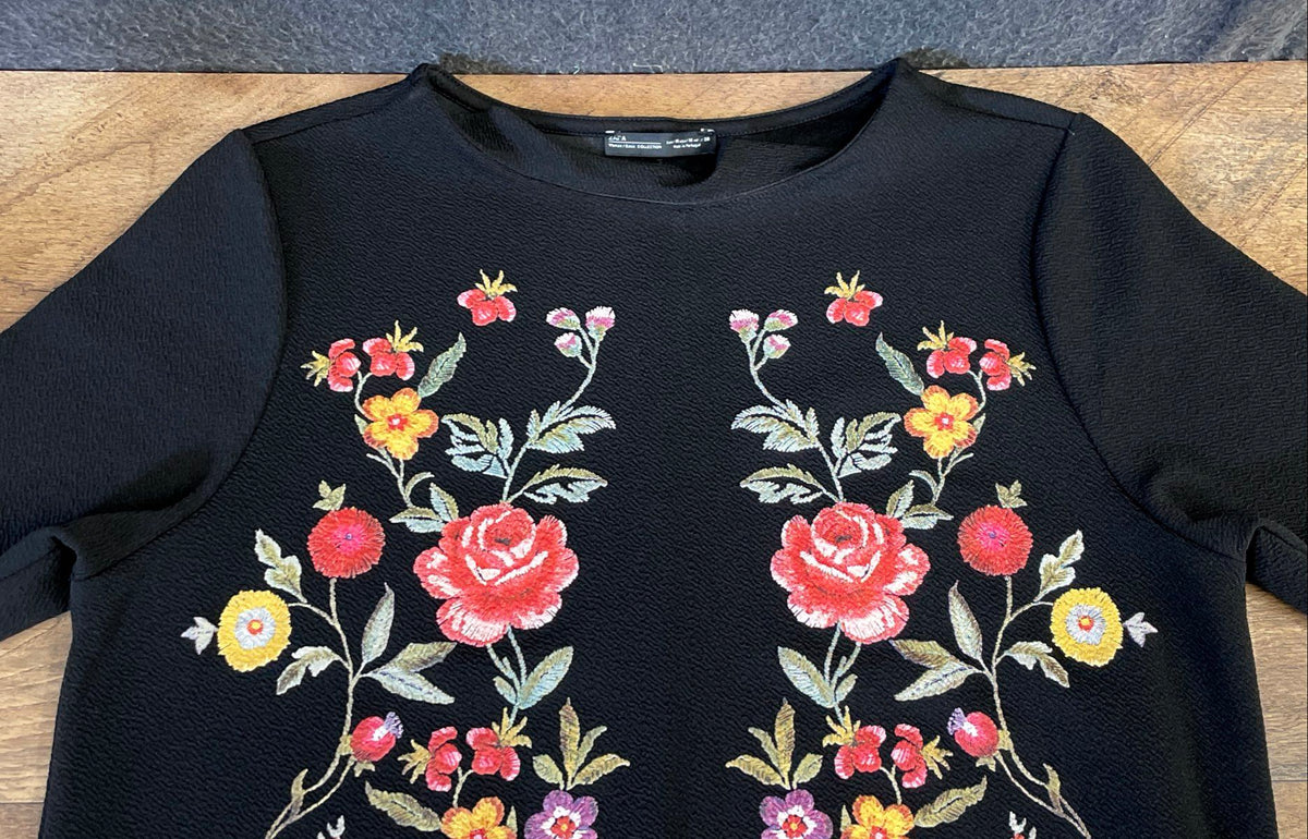 Zara Women's Black Floral Flower Embroidered Mini Shift Shirt Dress Size M