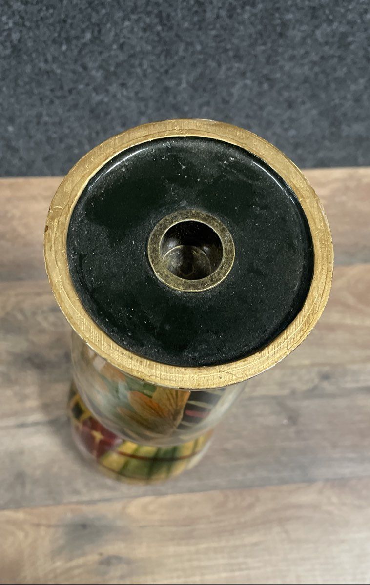Vintage Hand Painted Wood Candle Holder Tall Eclectic Checkerboard Floral 15"