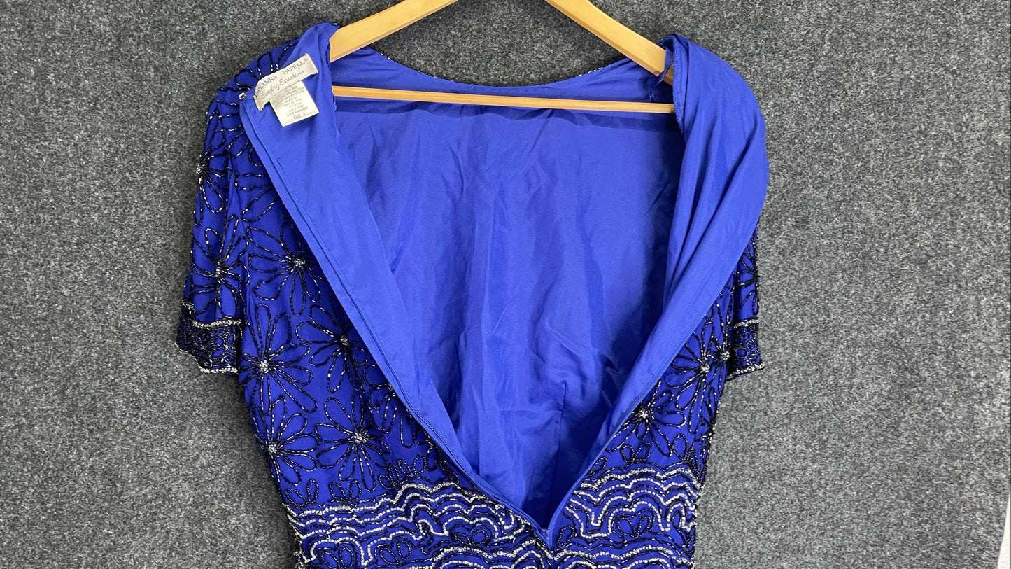 Vintage 90s Adrianna Papell Women's Blue Beaded Silk Evening Blouse Top Sz L