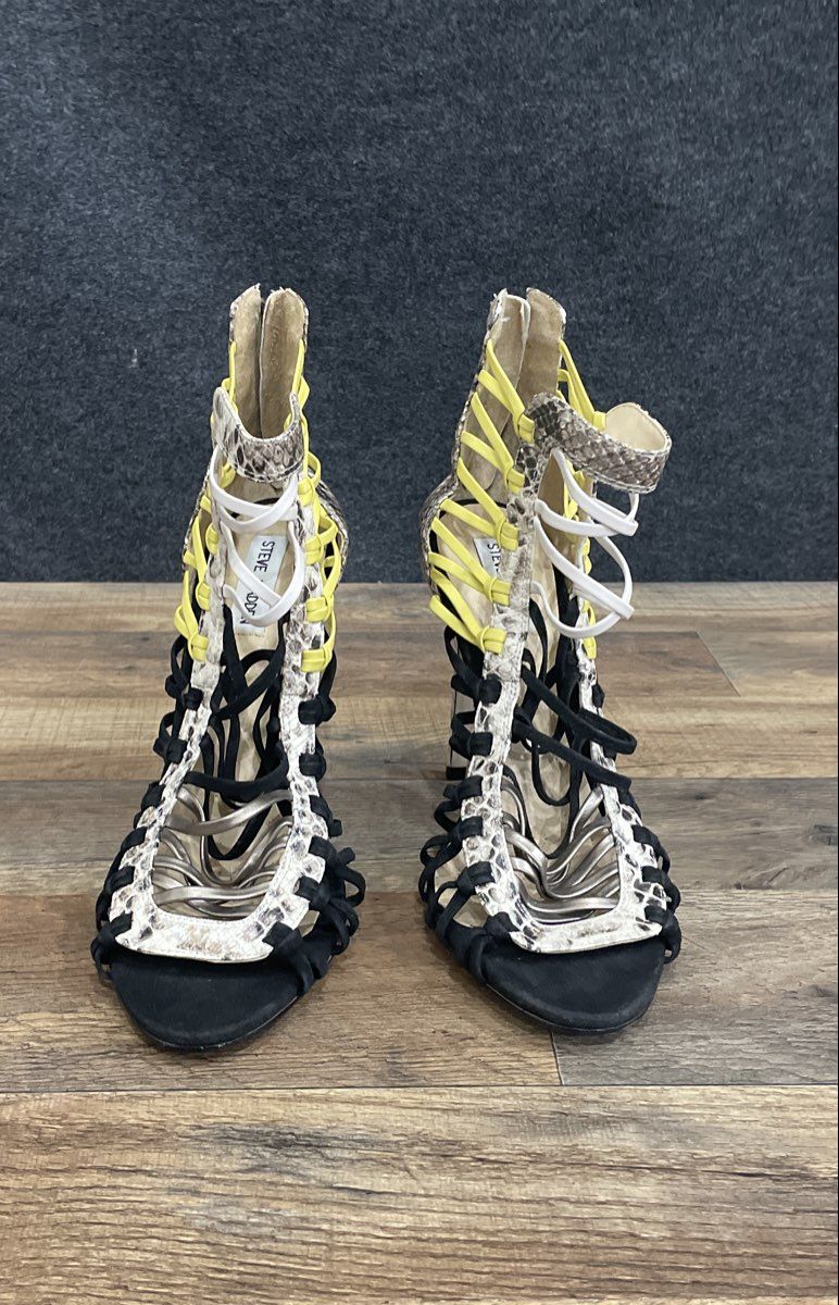 Steve Madden Sleik Snake Print Black Yellow Caged Stiletto Sandals Size 11