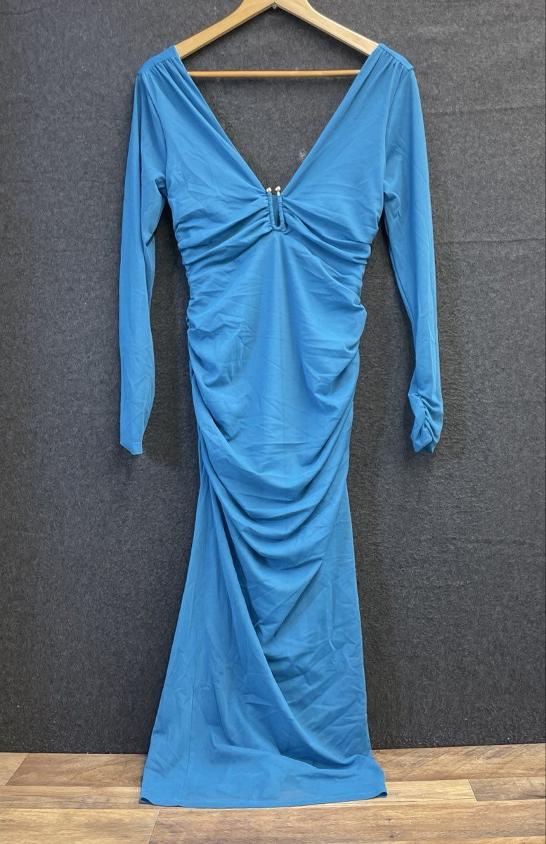 Anthropologie Turquoise Ruched Long Sleeve V-Neck Maxi Dress Size S NWT