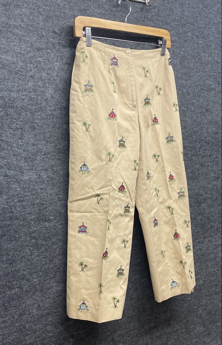 Vintage 90s Talbots Women's Khaki Embroidered Palm Tree Beach Pants Sz 4 Petites