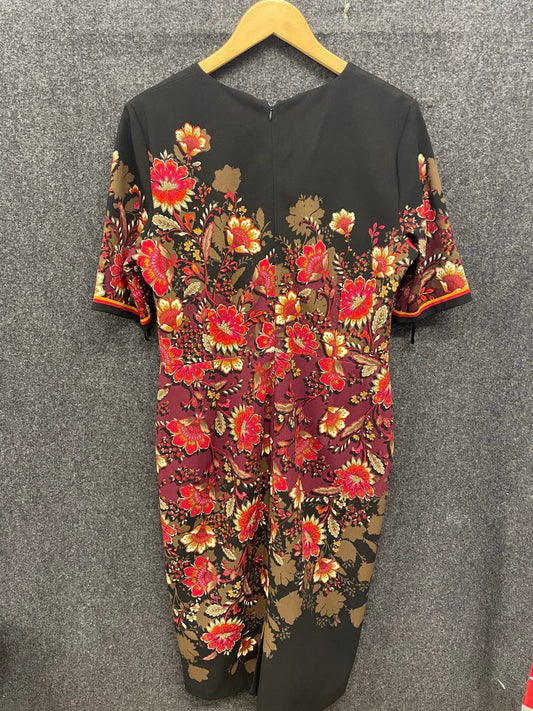 Maggy London Women's Black Floral Print Short Sleeve V-Neck Sheath Dress Sz 14