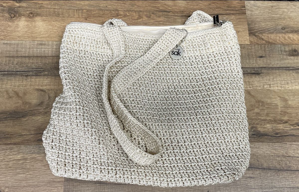 The Sak White Woven Crochet Shoulder Bag Silver Hardware