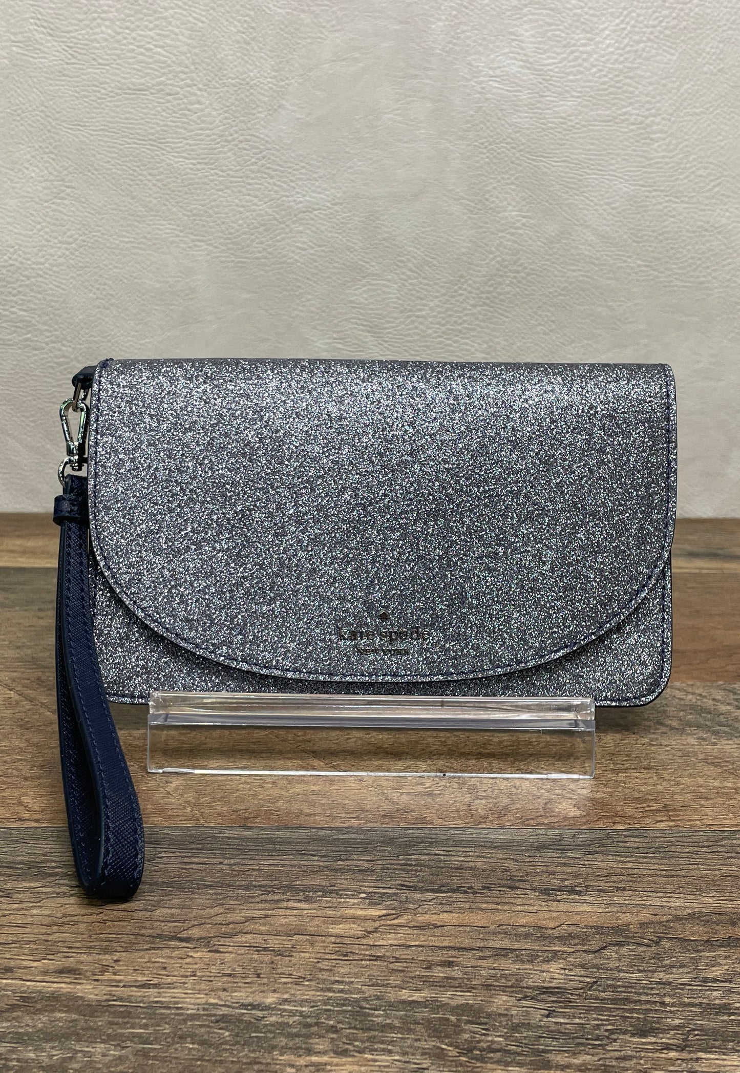 Kate Spade Silver Glitter Navy Blue Leather Trim Wristlet Clutch Bag