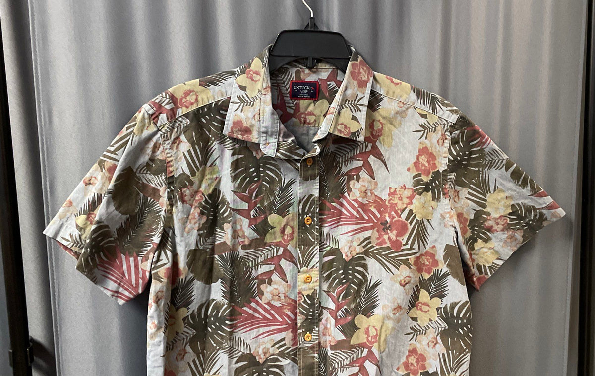 UNTUCKit Men's Gray Tropical Floral Slim Fit Short Sleeve Button Down Shirt L