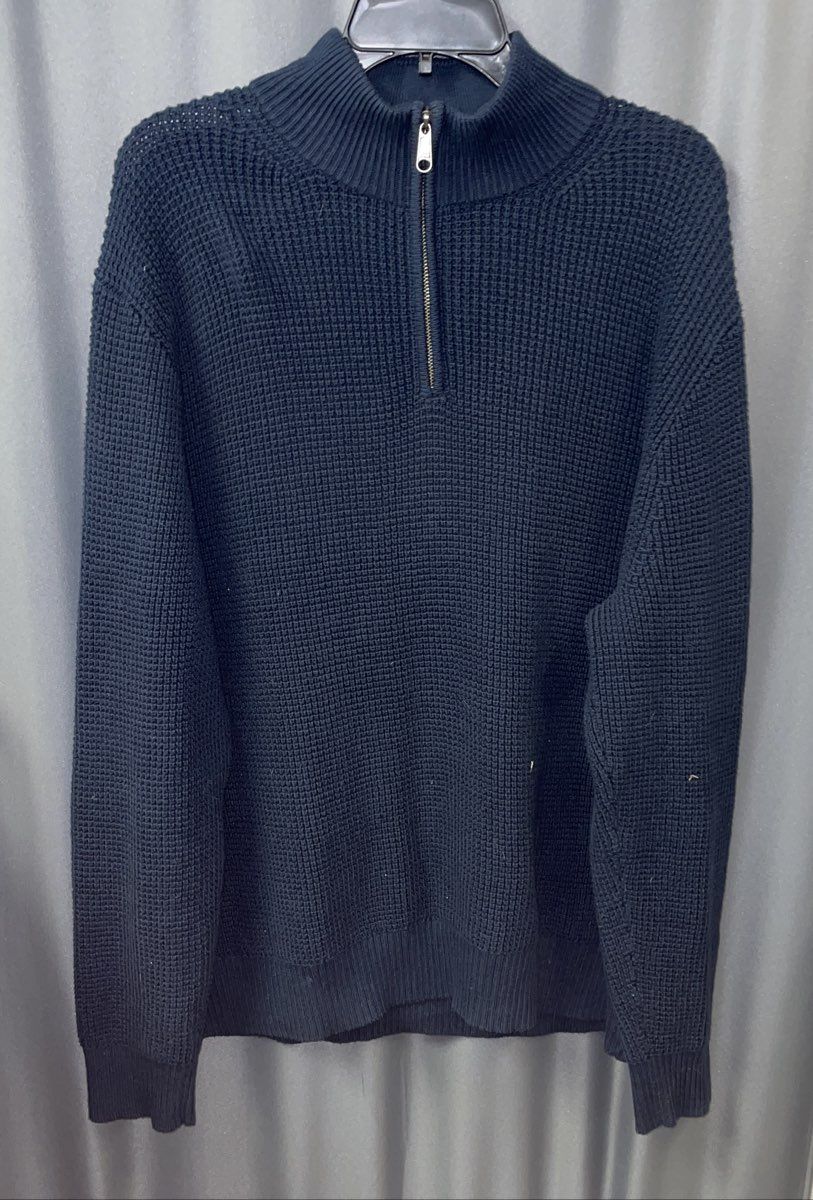 J. Crew Men's Navy Blue Quarter Zip Waffle Knit Cotton Sweatshirt Size XL