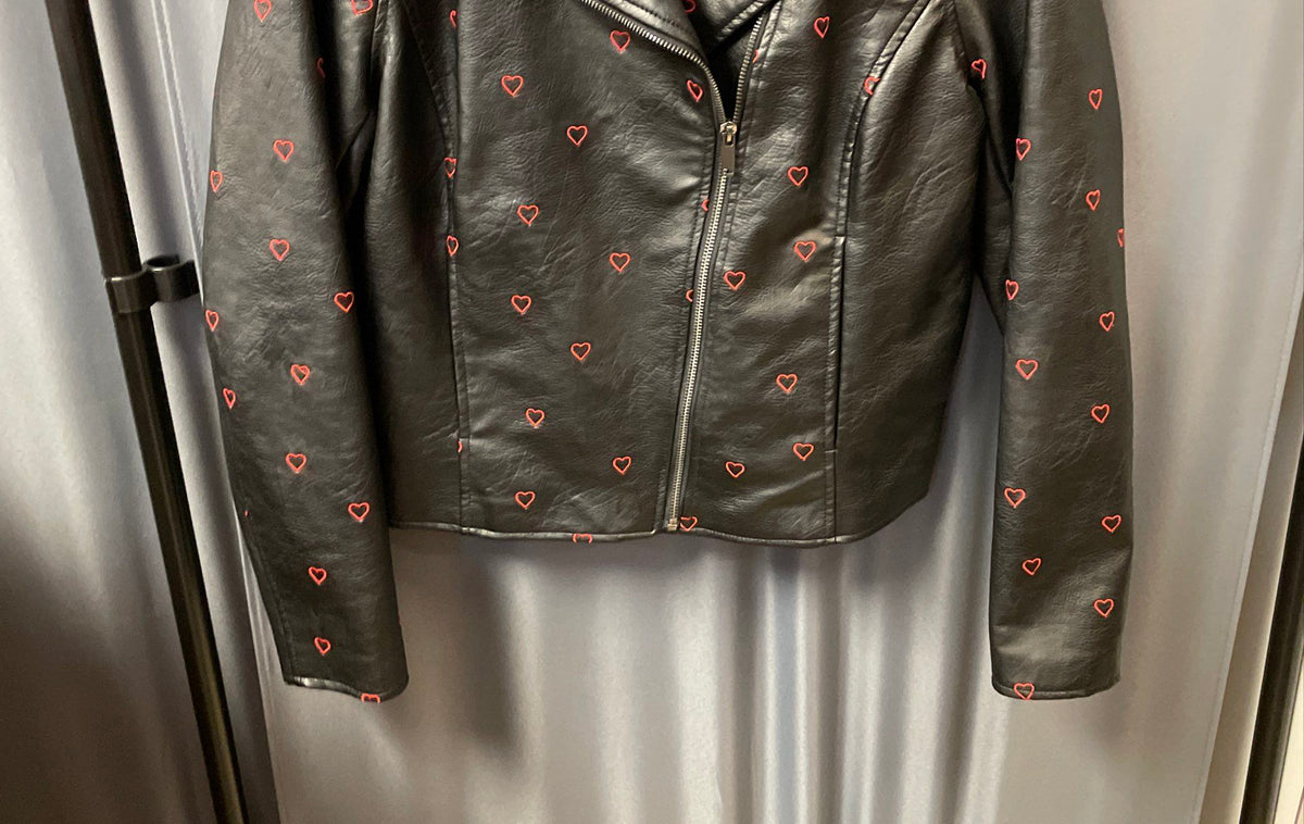 Candie's Women's Black Embroidered Hearts Faux Leather Moto Jacket Sz XL