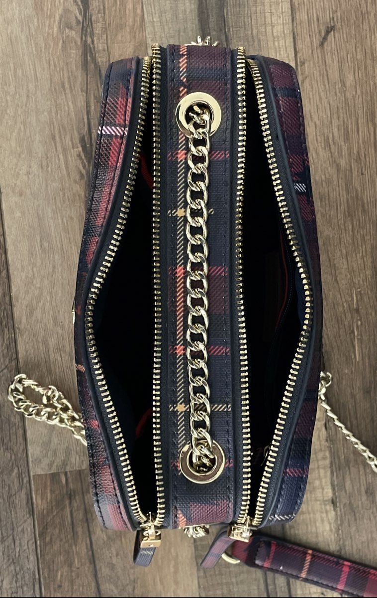 Tommy Hilfiger Red Plaid Stars Double Zip Camera Crossbody Bag Gold Hardware
