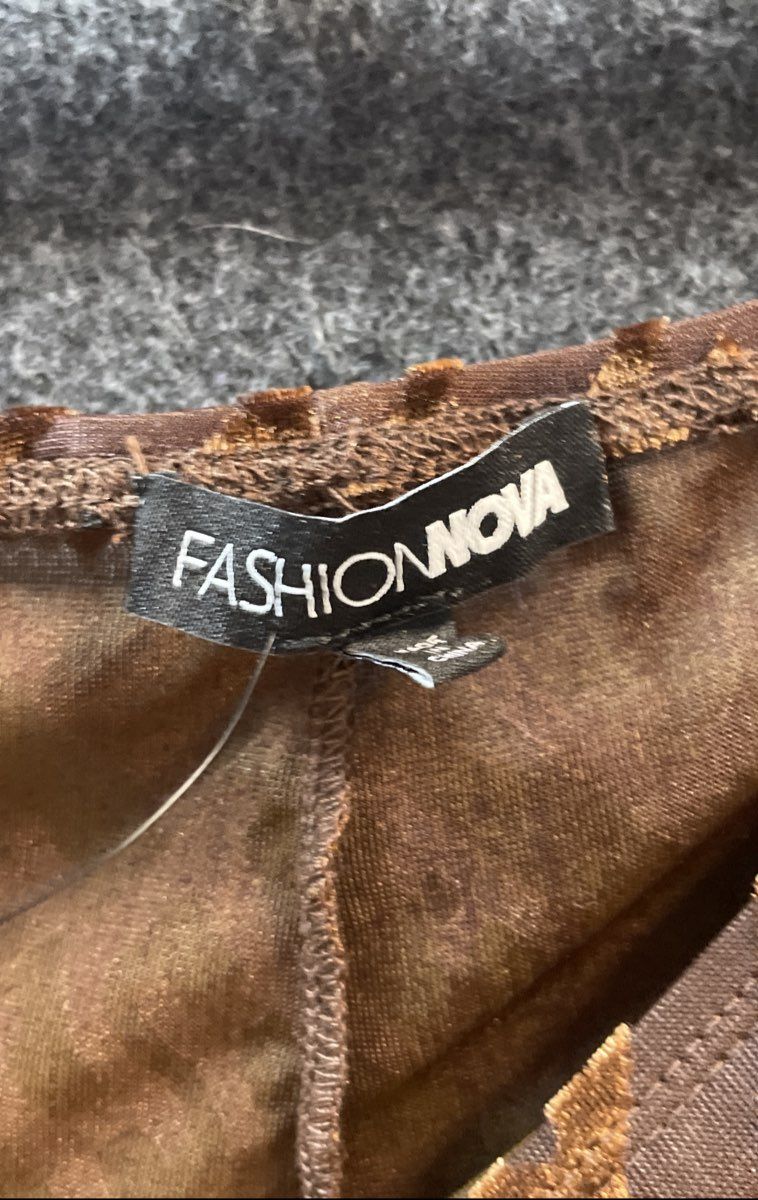 Fashion Nova Women's Brown Flocked Logo Mesh Cut Out Side Pants Sz L