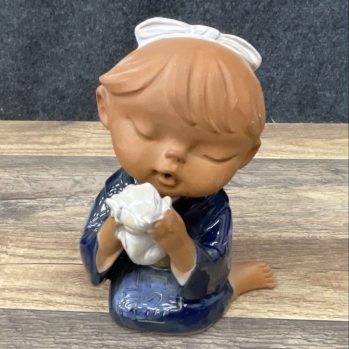 Vintage UCAGCO Japan Girl w/ Cat Figurine Blue Kimono Ceramic Statue 7"